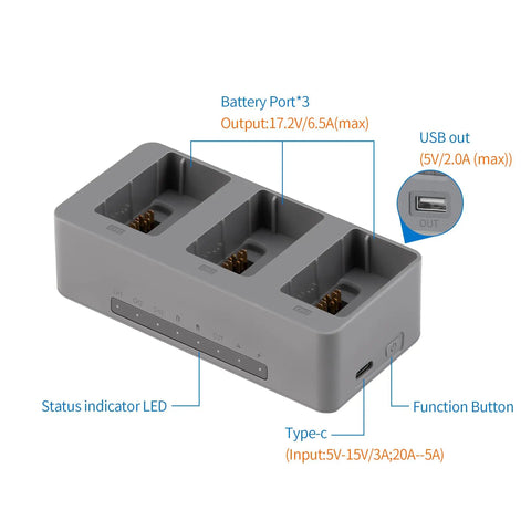 3 Way Charging Hub For DJI Avata 360 Drone 100W Fast Intelligent Battery Charger Station with three slots, USB, and Type-C ports