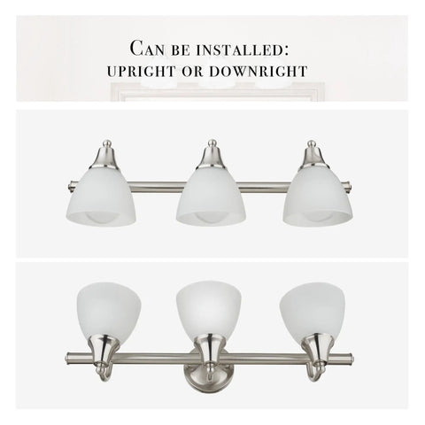 All In One Bathroom Vanity Set With Three Light Fixture, Brushed Steel Finish, dual installation, upright or downlight options