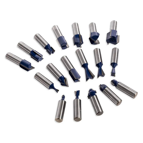 Variety of bits from 80 Piece One Half Inch Shank Carbide Router Bit Set for Woodworking with Tungsten Carbide Bits