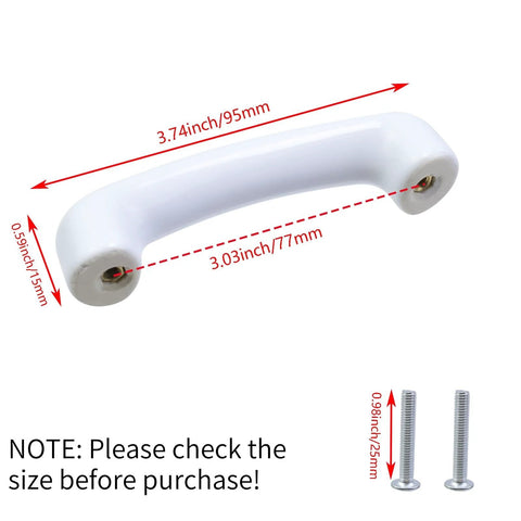 White Glossy Ceramic Cabinet Pulls Arch Shaped 4 Pack Dresser Knobs With 3.03 Inch Hole Centers, size details shown.