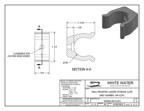 Technical drawing of 1 Inch Nylon Ladder And Pole Clips Injection Molded Marine Grade Spring Clamp Holder with dimensions.