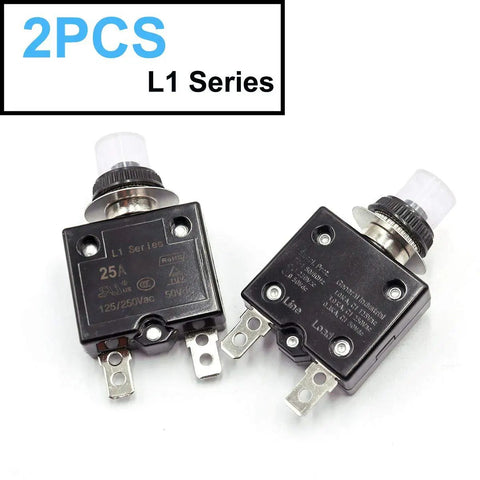 Heavy Duty 2 Pack 25 Amp Thermal Circuit Breakers With Push Button Manual Reset Rated For 125 To 250 Volt Ac, L1 Series.