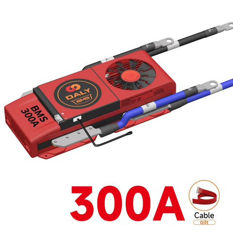 Rock Solid 12V 3S 300A Lithium Battery Protection Board PCB BMS With Balance Wires angled view with cooling fan for 18650 battery packs.