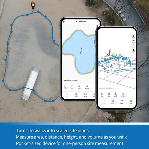 Digital Measuring Wheel With Smart App To Walk And Measure Distance And Area Across Gnarly Terrain No Tape Drama Just Pure Precision For Daily Grind Jobs And Quick Fixes showing mobile app measuring site layout.
