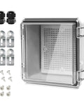 IP67 Waterproof ABS Plastic Junction Box With Clear Hinged Cover And Stainless Steel Latch, Heavy Duty Electrical Enclosure With Mounting Plate And Cable Glands, Badass Weatherproof Shield Grey with accessories.