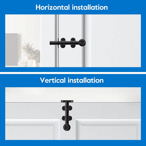 Oil Rubbed Bronze 6 Inch Dutch Door Bolt And Latch shown in horizontal and vertical installation on doors.