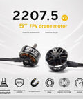 Image of 2207.5 V2 FPV drone motor featuring details like 7075 aviation-grade aluminum, NS2-grade magnets, and anti-loosening shaft.