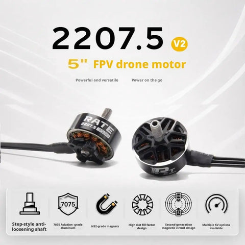 Image of 2207.5 V2 FPV drone motor featuring details like 7075 aviation-grade aluminum, NS2-grade magnets, and anti-loosening shaft.