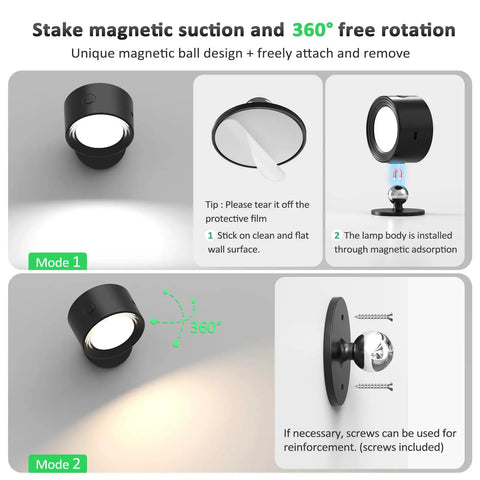 Top Tier Rechargeable LED Wall Sconces With Remote Dimming USB C Charging And Cordless Mounting, showing magnetic suction and 360-degree rotation features.
