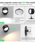 Racokky LED Wall Mounted Lights with Remote, Rechargeable Wall Sconces showing 360° rotation and magnetic suction.
