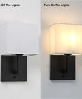 Indoor Vanity Wall Sconce Set Of 2 With On Off Switches Brass Modern Boho Vintage Industrial Light with square fabric shade on and off view.
