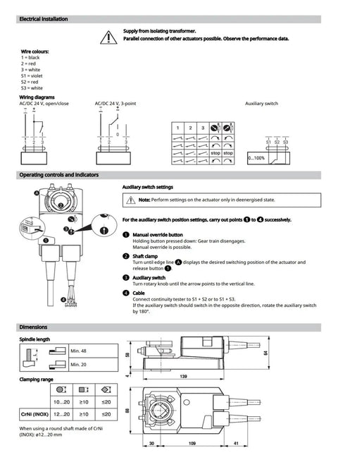 Heavy Duty SM24AX SMA020 Damper Actuator 20 Nm Torque 24V AC DC Open Close Control Wiring Diagram and Settings Manual.