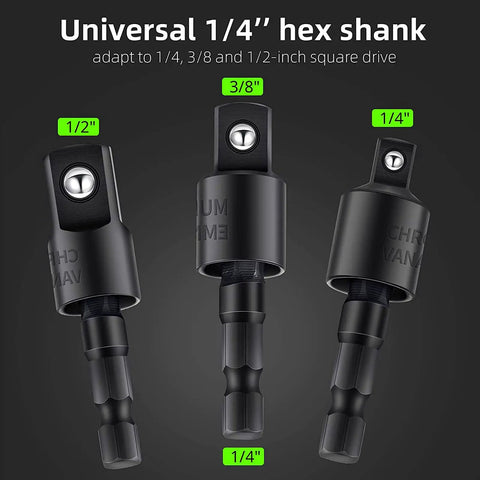 Right Angle Drill Adapter 105 Degree, 360 Degree Rotatable Hex Shank, socket adapter set for 1/4, 3/8, 1/2 inch drive
