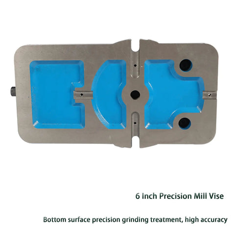 No Nonsense Six Inch Mill Vise Without Base Featuring Rock Solid Cast Iron Construction And Grip Tight Steel Jaws Ready To Roll For Precision Cnc Jobs And Shop Tasks - top view showing blue coated casting.