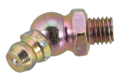 Single 45-degree grease fitting from Pack Of Ten One Quarter Inch By Twenty Eight Inch Forty Five Degree Grease Fittings For Automotive And Industrial Projects.
