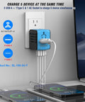 Worldwide Travel Adapter With 2.4 Amp USB Charging And 3 USB A Ports Plus USB C Fast Charge Universal Wall Charger in use