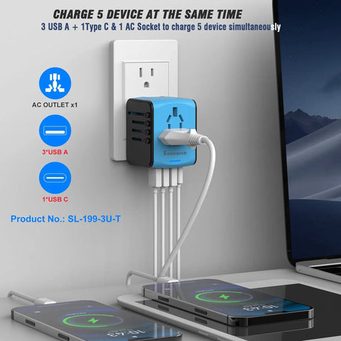 Worldwide Travel Adapter With 2.4 Amp USB Charging And 3 USB A Ports Plus USB C Fast Charge Universal Wall Charger in use