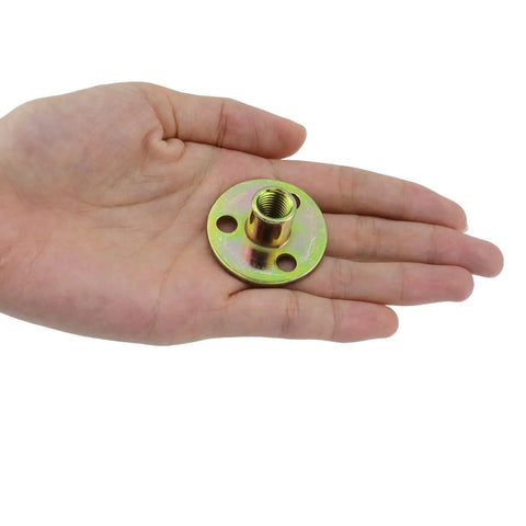 Built Tight 1/4 Inch Round Base T Nuts With Screws Heavy Duty Steel brad hole hardware in hand, 1.42 inch round base, for furniture assembly.