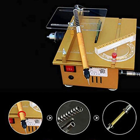 Killer Little Workbench Saw With Swappable Chucks And Alloy Blade for wood cutting, polishing, and metal work with safety features.