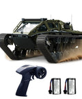 All Terrain Army RC Tank for Kids with 2.4G Proportional Remote, dual battery pack, 4WD rock crawler, realistic lights