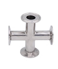 Stainless steel four-way sanitary cross pipe fitting with tri-clamp flanges on all ends