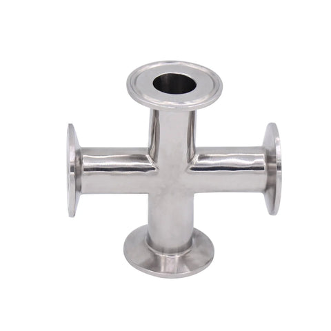 Stainless steel four-way sanitary cross pipe fitting with tri-clamp flanges on all ends