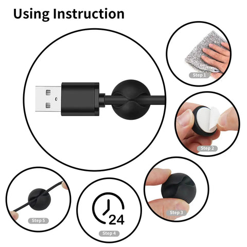 Using instructions for 12-Pack Black Adhesive Cable Clips For Cord Management And Wire Organization, showing installation steps.