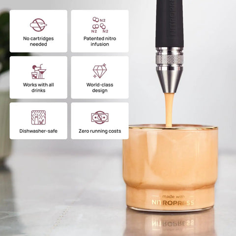 NitroPress Ds Electric Nitro Cold Brew Coffee Maker Machine creating creamy beverage with patented nitro infusion.
