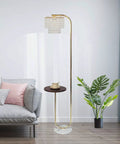 Arc Crystal Floor Lamp With Marble Base And Integrated Table Chrome Standing Light For Living Room Over The Couch Modern Tall Floor Lamp For Bedroom And Office Contemporary Minimalist Showpiece beside sofa