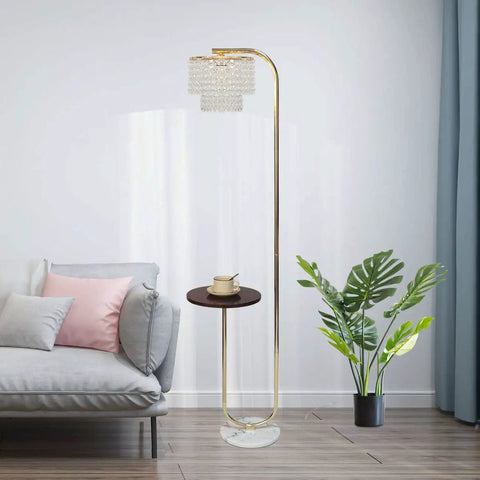 Arc Crystal Floor Lamp With Marble Base And Integrated Table Chrome Standing Light For Living Room Over The Couch Modern Tall Floor Lamp For Bedroom And Office Contemporary Minimalist Showpiece beside sofa