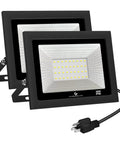 LED Outdoor Flood Lights 50W 5000LM Work Light With Plug 6000K Daylight White IP66 Waterproof, front view of two lights with cable
