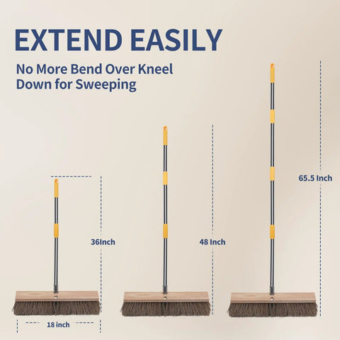 Heavy Duty 18 Inch Push Broom With Rock Solid Wooden Base And Extended Handle For Garage Sweeping And Driveway Cleanup showing adjustable handle lengths.