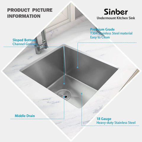 Overhead view of Undermount 23x18x9 Single Bowl Kitchen Sink In 18 Gauge 304 Stainless Steel With Black Finish Built To Last