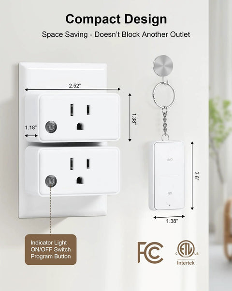 Remote Control Outlet With 200 Ft Range Long Range Wireless Light Switch Plug And Play Grab And Go Mini Electrical Outlet Plug 15A 1875W image showing size and certifications