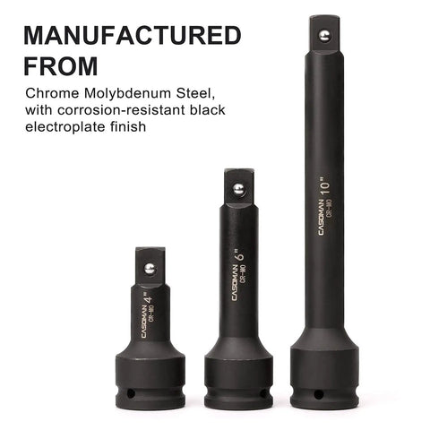 Three Quarter Inch Drive Impact Extension Bar Set In CR MO Steel With Black Oxide Finish Includes Four Inch Six Inch And Ten Inch Socket Extensions Spring Loaded Ball End Retains Sockets For Secure Fit And Heavy Duty Performance