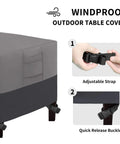 Patio Coffee Table Cover For Small Outdoor Rectangular Table Built Tough Waterproof And UV Resistant Weatherproof 48 X 28 X 16 Inches Gray And Dark Gray Fade Resistant 600D Oxford Fabric with adjustable strap and quick release buckle.