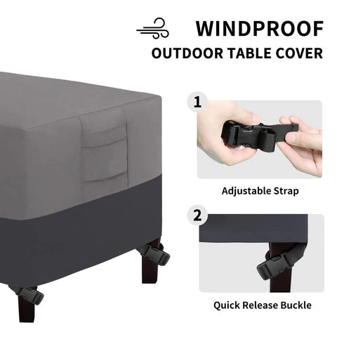Patio Coffee Table Cover For Small Outdoor Rectangular Table Built Tough Waterproof And UV Resistant Weatherproof 48 X 28 X 16 Inches Gray And Dark Gray Fade Resistant 600D Oxford Fabric with adjustable strap and quick release buckle.