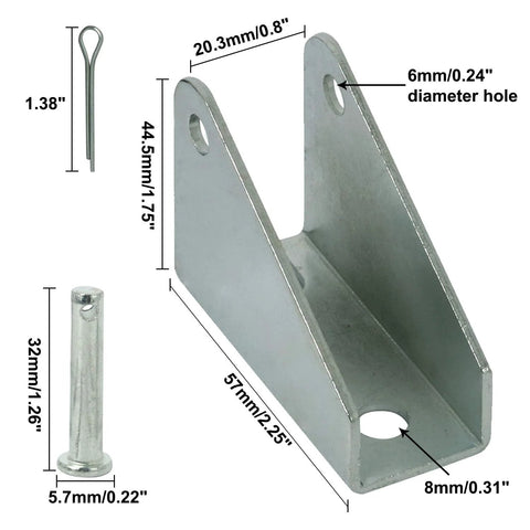 Front view of silver steel mounting bracket for a DC12V linear actuator with bolt holes and securing pin.