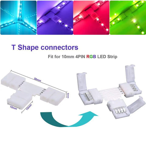4 Pin LED Strip Connector Kit For 5050 RGB 10mm Light Strips Not RGBIC With Eight Solderless Accessories T-shape connectors