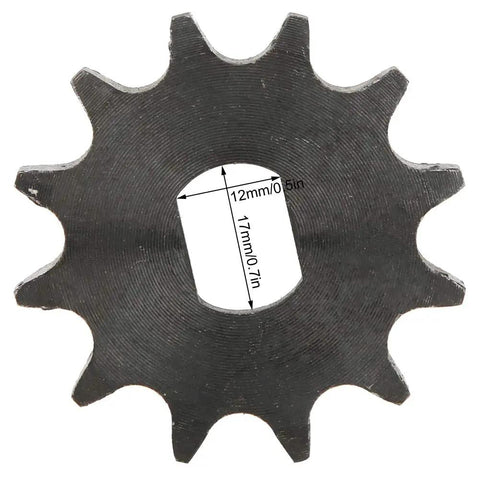 Heavy Duty 12 Teeth Metal Motor Sprocket For Go Karts And Mini Bikes With 428 Chain, measuring 12mm bore and 17mm size.