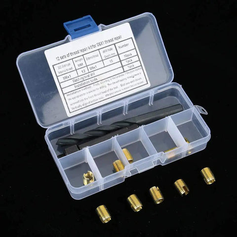 10 Piece Self Tapping Thread Repair Insert Kit For Automotive Machinery Construction And Appliances, Rugged Carbon Steel Inserts That Quick Fix Damaged Threads, Vibration Resistant And Easy To Use. 10-piece M6x1 self-tapping thread repair kit in plastic case with drill bit and inserts