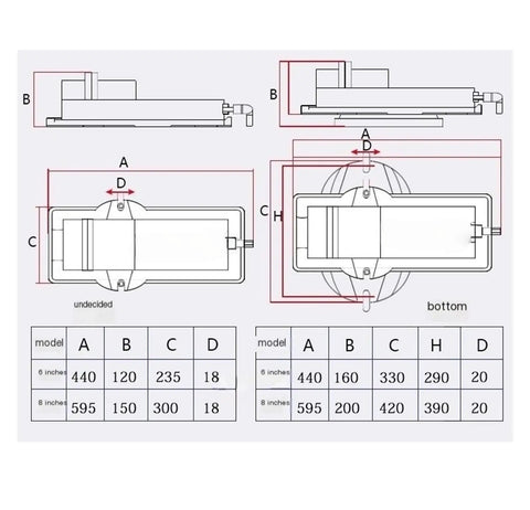 Diagram showing dimensions of Pro Grade 6 Inch Bottomless Heavy Duty Angle Vise Built Like A Boss for precise machining.