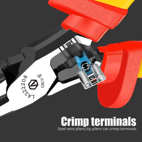 Close-up of 1000V Insulated Multifunction Pliers With Wire Cutter Stripper And Crimper Heavy Duty 60CRV Steel Electrician Tool crimping terminal.