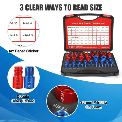Nut and bolt thread checker set, 54 pieces in red and blue housings stored in a case; includes 27 metric and 27 inch sizes.