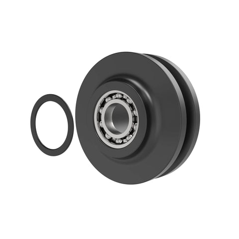Close-up of roller from Bypass Barn Door Hardware Kit With Heavy Duty Roller Anti Jumper Floor Guide Stopper And Accessories