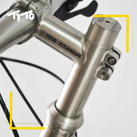 Close-up view of Titanium Bicycle Headset Spacer Set 4 or 6 pieces 1-1/8 inch 28.6mm diameter threadless spacers on bike stem.