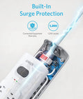 Diagram of Power Strip Surge Protector With USB, 6 Foot Extension Cord, 8 Outlets And 2 USB Ports, showcasing built-in 1200 Joules protection.