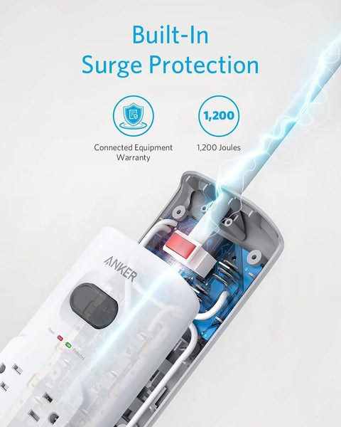 Diagram of Power Strip Surge Protector With USB, 6 Foot Extension Cord, 8 Outlets And 2 USB Ports, showcasing built-in 1200 Joules protection.