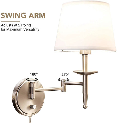 Swing Arm Wall Sconce Light With Plug In Or Hardwired Mount, Brushed Nickel Wall Lamp showing adjustable arm angles