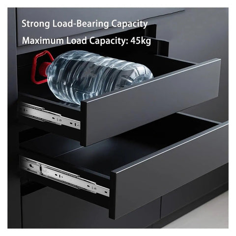 Heavy Duty Soft Close Drawer Slides With Smooth Full Extension Glide And Knockout Carbon Steel Build For Breezy Side Mount Setup On Kitchen Cabinetry and Furniture Hardware Projects with a water bottle in a drawer.